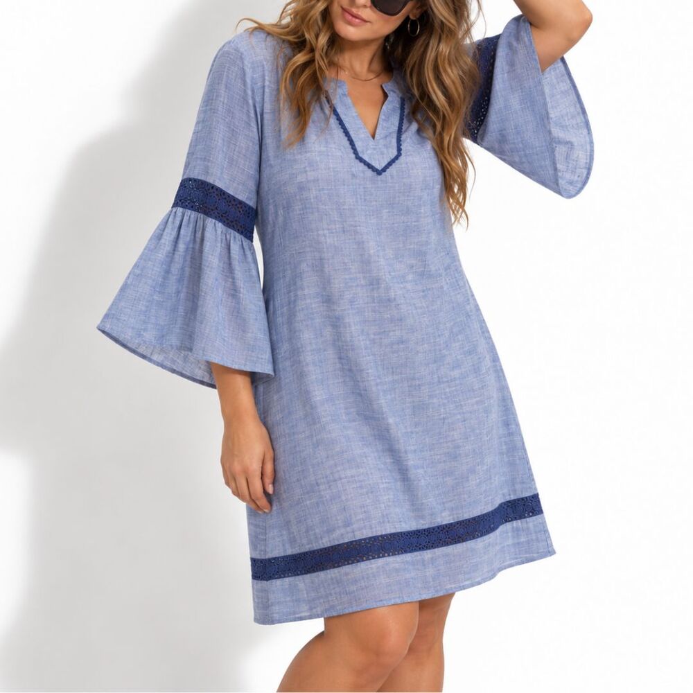 Crown & Ivy Blue Dress Womens L 100% Linen Bell Sleeve Crochet Trim Boho Shift